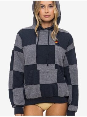 Aviator Nation check quilt relaxed pullover hoodie- heather/ charcoal